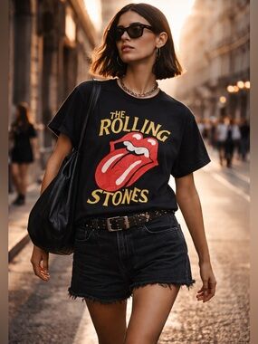 ROLLING STONES Graphic Tee Black Tongue Logo Vintage Style Rock Sz M Unisex Y2K